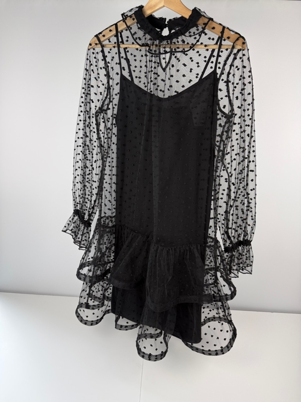 PolenPoe Sheer Polka Dot Black Ruffle Mini Dress